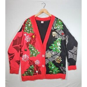 Holiday Time Xmas Cardigan Sweater XL Ugly Christmas Tree Lights Pom Pom